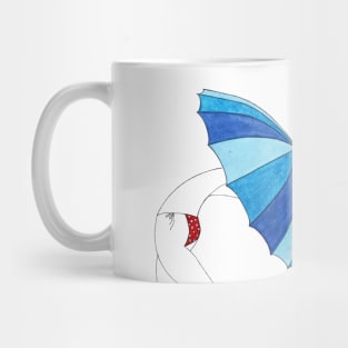 Umbrella Woman n3 by Natasha Kolton · blue tones and white dots red bikini beach girl · simple drawing Mug